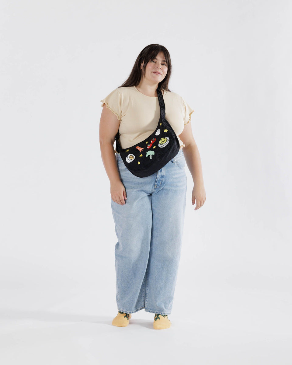 BAGGU Crossbody Bags Medium Nylon Crescent Bag - Embroidered Gudetama
