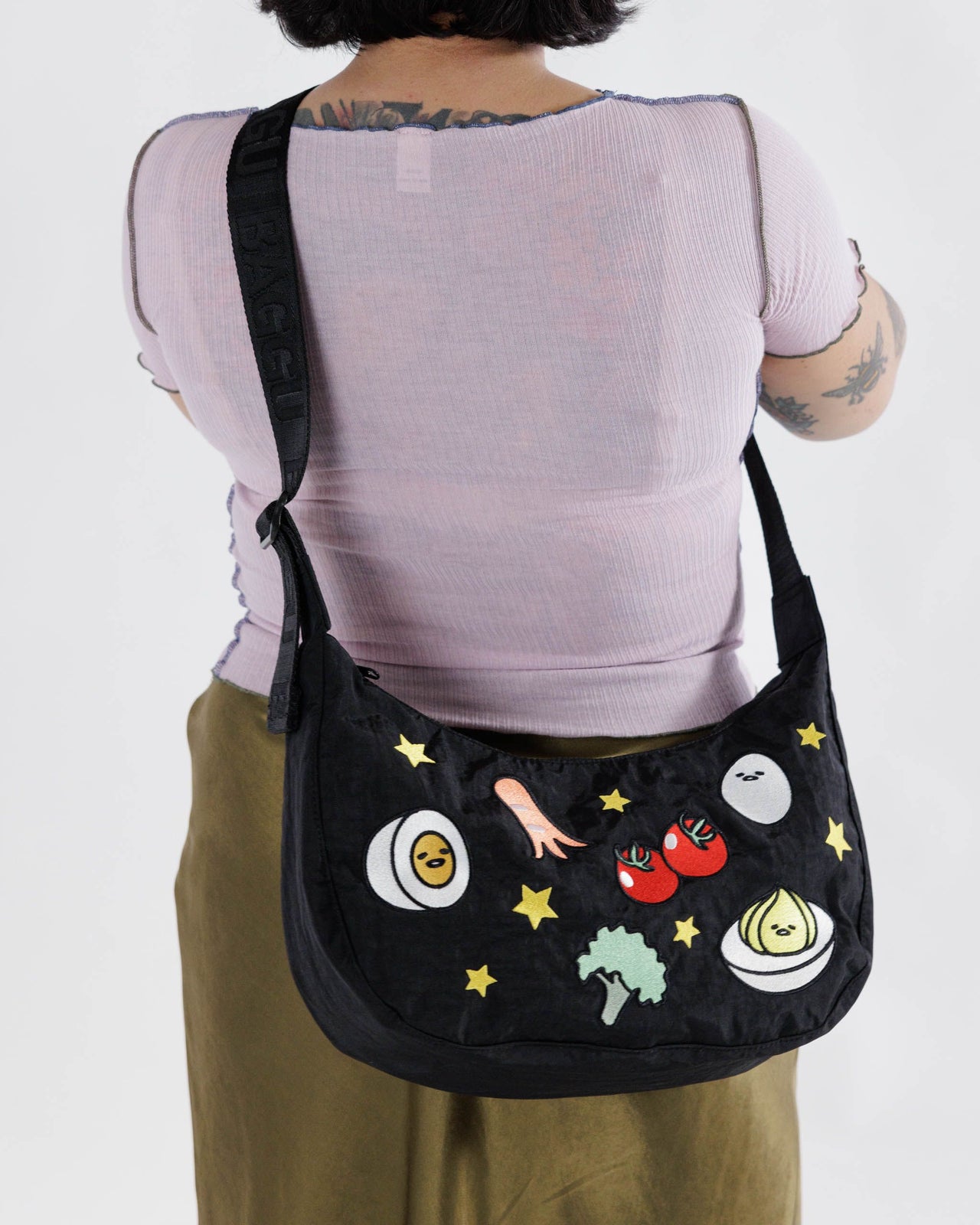 Medium Nylon Crescent Bag - Embroidered Gudetama